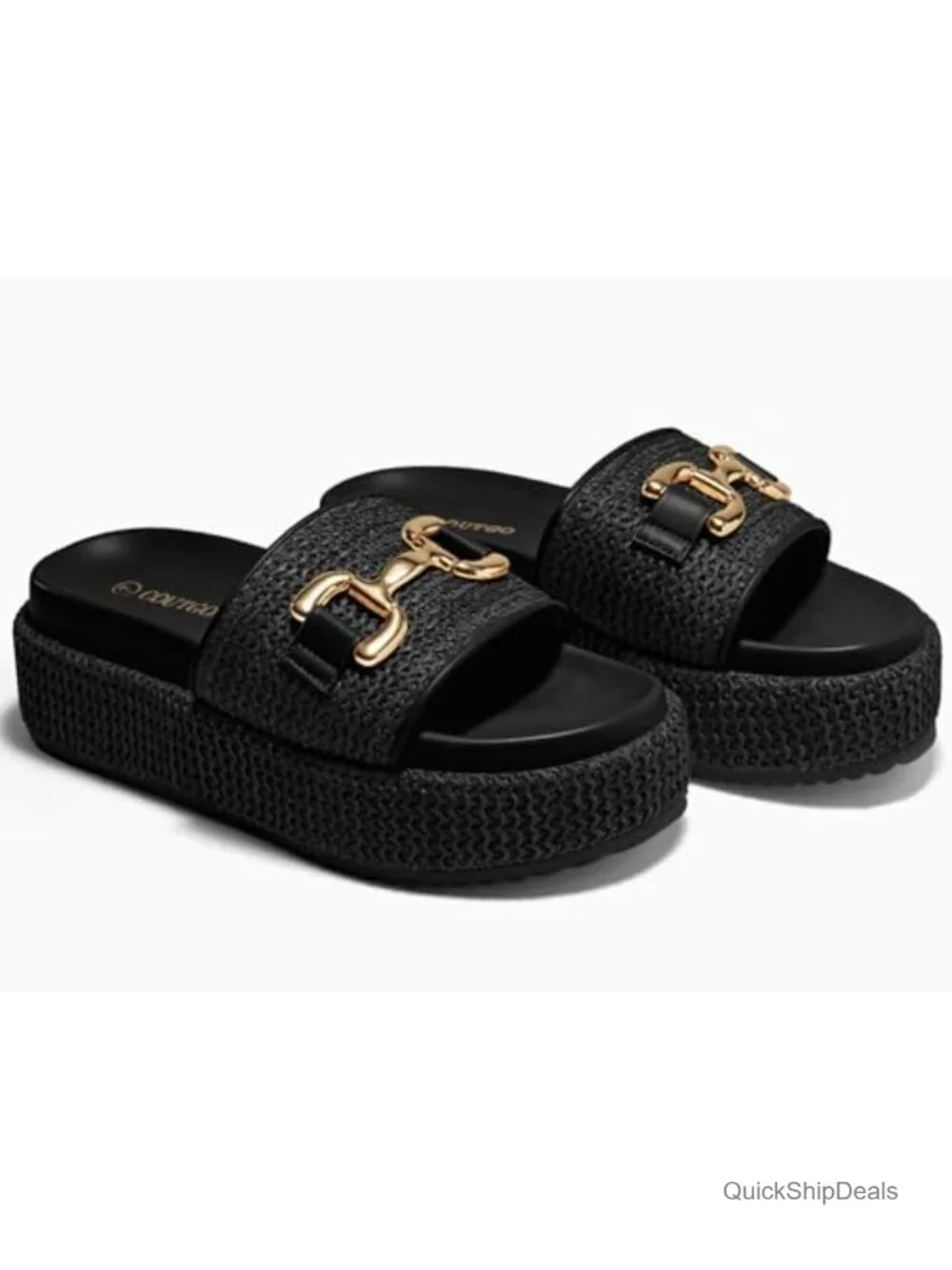 Women's Platform Sandals Raffia Espadrilles with Metal Chain - Slip On Slide